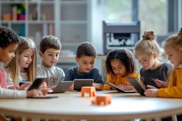 Smiling preschooler engaged in colorful educational app on tablet during micro-learning session