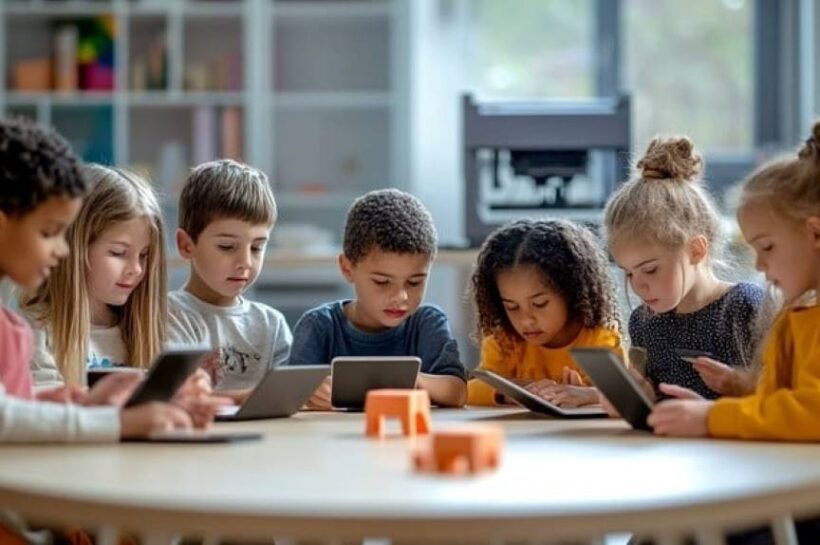 Smiling preschooler engaged in colorful educational app on tablet during micro-learning session