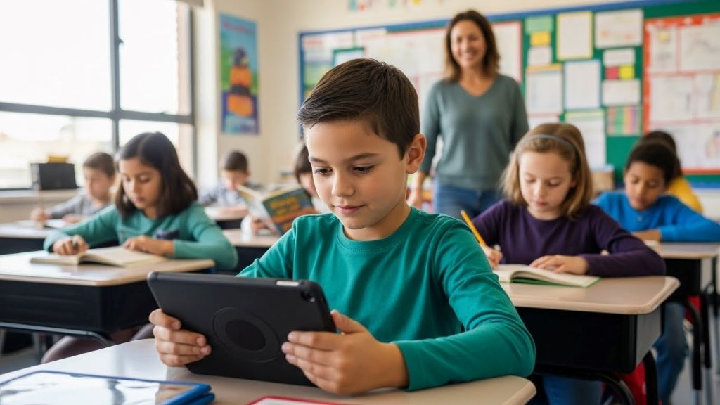 Student with special needs using assistive technology tablet device with communication app in inclusive classroom setting