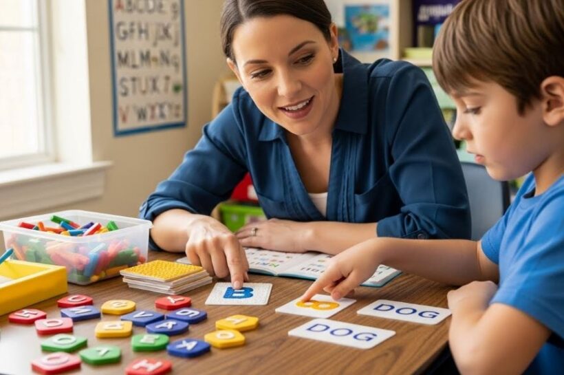 Teacher working one-on-one with elementary student using multisensory reading materials including letter tiles and textured cards