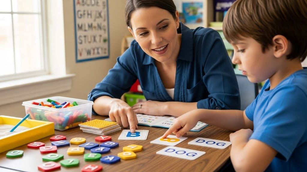Teacher working one-on-one with elementary student using multisensory reading materials including letter tiles and textured cards