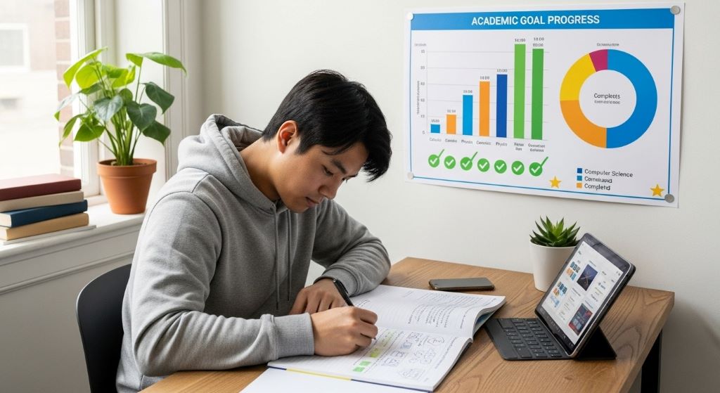 Student working independently with customized learning materials and visual progress chart showing academic goal achievement