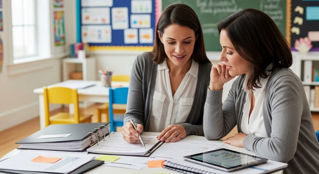 Parent and teacher collaborating over documents to create personalized education plan for elementary school student