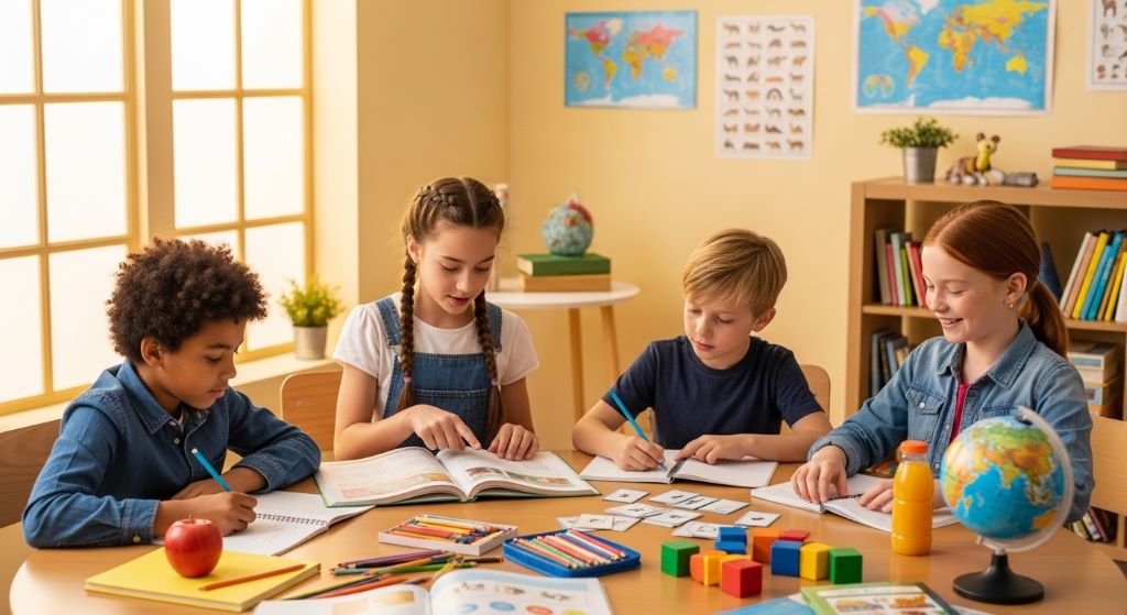 Kids learning together at a table in a bright, cheerful study environment