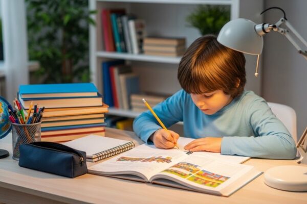 A young child studying at a clean, organized desk with books and school supplies