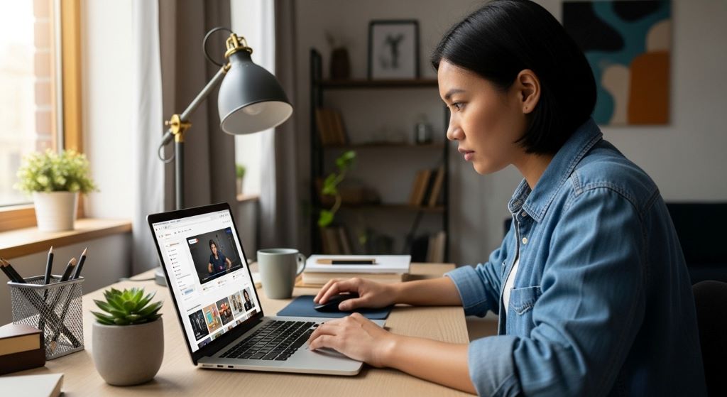 Young adult studying real-world skills online using a laptop at a modern home workspace