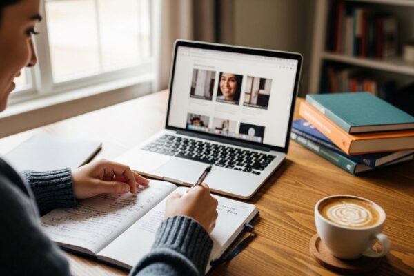 Person writing a personal education plan in a notebook with a laptop and books on the desk