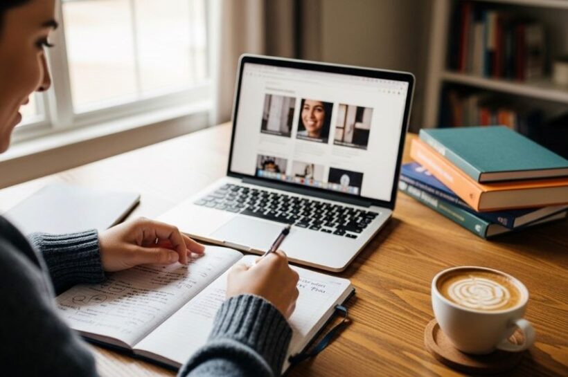 Person writing a personal education plan in a notebook with a laptop and books on the desk
