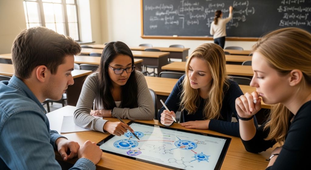Students collaborating on a tablet during a structured traditional classroom lesson