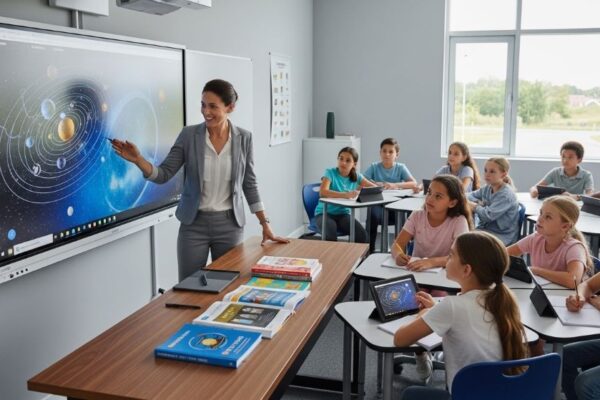 Teacher using a digital smartboard alongside textbooks in a modern classroom