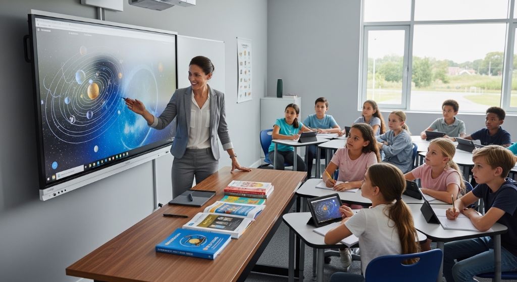 Teacher using a digital smartboard alongside textbooks in a modern classroom