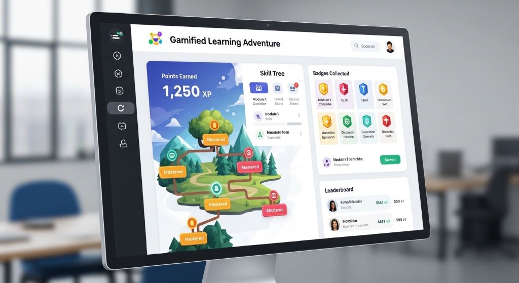 An online course dashboard showing gamification elements including badges, points, and a learner progress skill tree