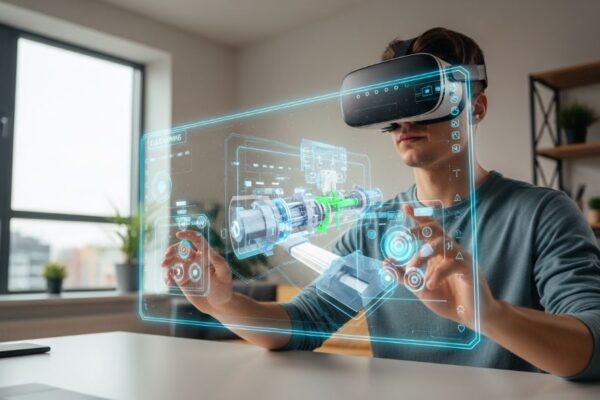 A learner wearing a VR headset engaging with an immersive e-learning simulation on a virtual training platform