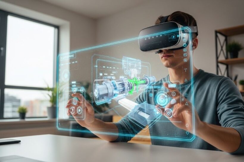 A learner wearing a VR headset engaging with an immersive e-learning simulation on a virtual training platform