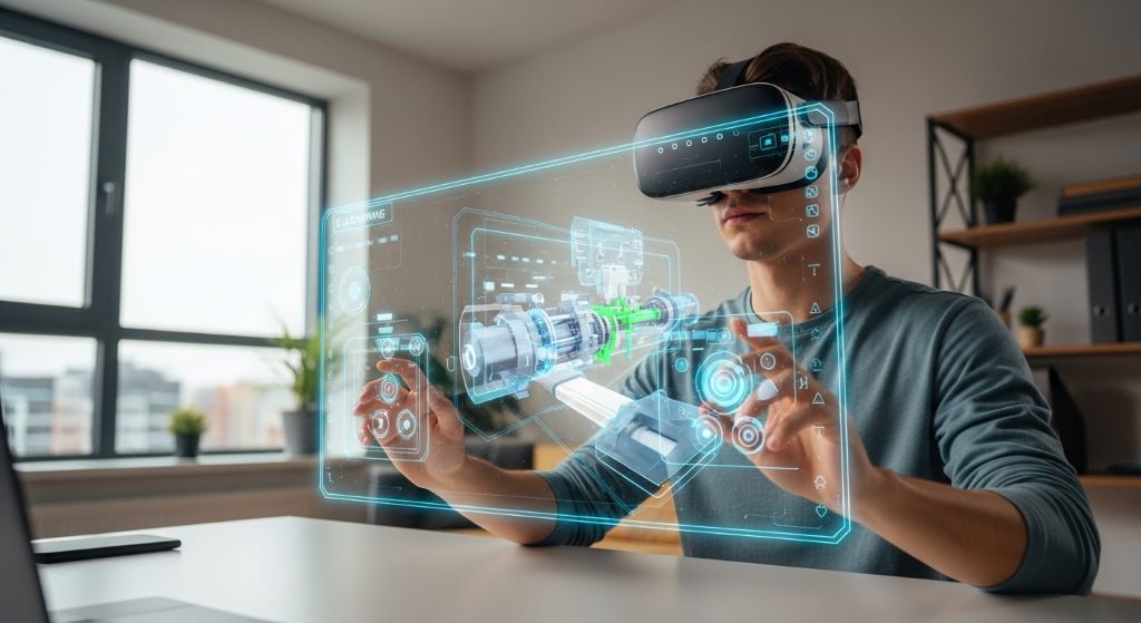 A learner wearing a VR headset engaging with an immersive e-learning simulation on a virtual training platform