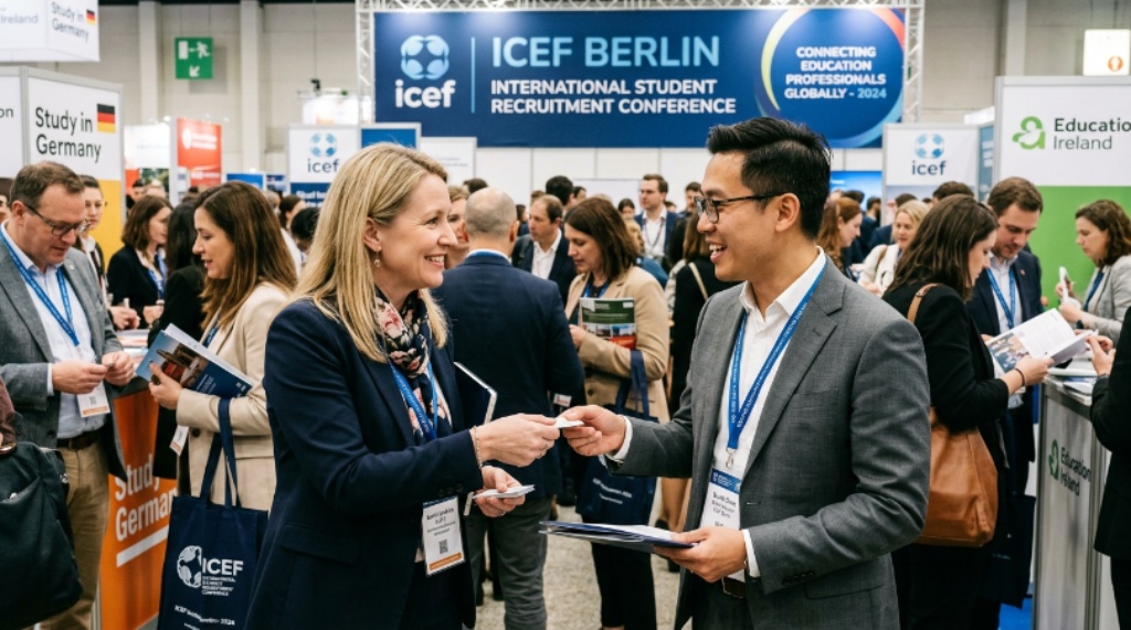 Education professionals networking and exchanging business cards at ICEF Berlin international student recruitment conference