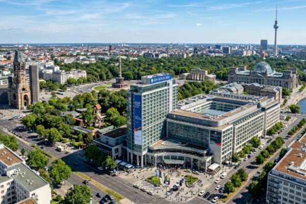 Aerial view of the InterContinental Berlin hotel, the venue for ICEF Berlin 2026, surrounded by the city's iconic landmarks