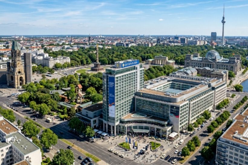 Aerial view of the InterContinental Berlin hotel, the venue for ICEF Berlin 2026, surrounded by the city's iconic landmarks