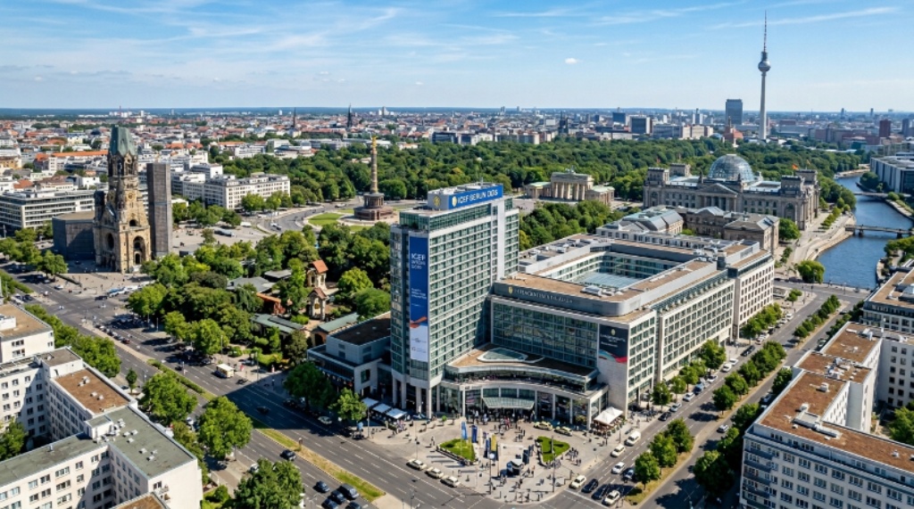 Aerial view of the InterContinental Berlin hotel, the venue for ICEF Berlin 2026, surrounded by the city's iconic landmarks