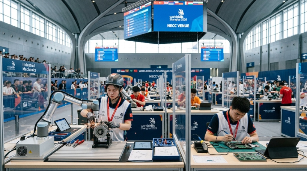 Young competitors working on technical skill challenges at WorldSkills Shanghai 2026 at the NECC venue