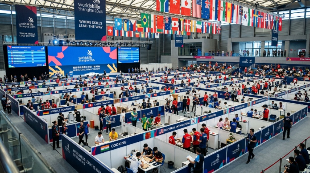 WorldSkills Shanghai 2026 competition floor with international teams representing over 60 countries