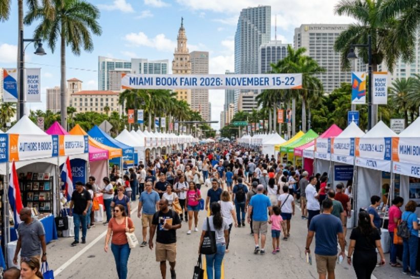 Miami Book Fair 2026 Street Fair tents and crowds in downtown Miami