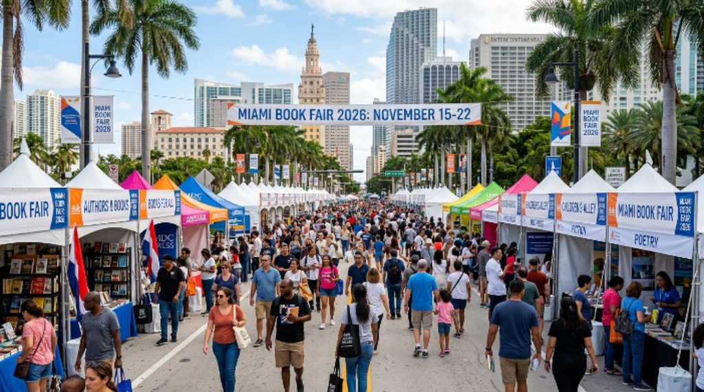 Miami Book Fair 2026 Street Fair tents and crowds in downtown Miami