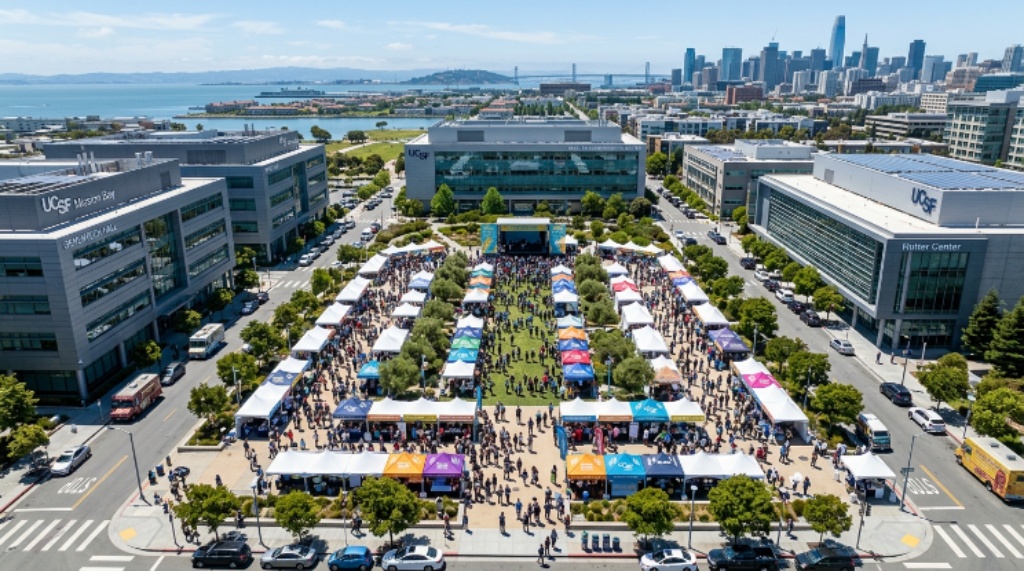Aerial view of Koret Quad at UCSF Mission Bay Campus filled with festival visitors exploring science exhibits and activities