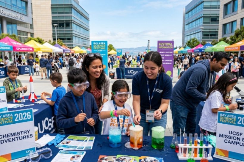 Families and children participating in hands-on science experiments at the Bay Area Science Festival 2026 at UCSF Mission Bay Campus