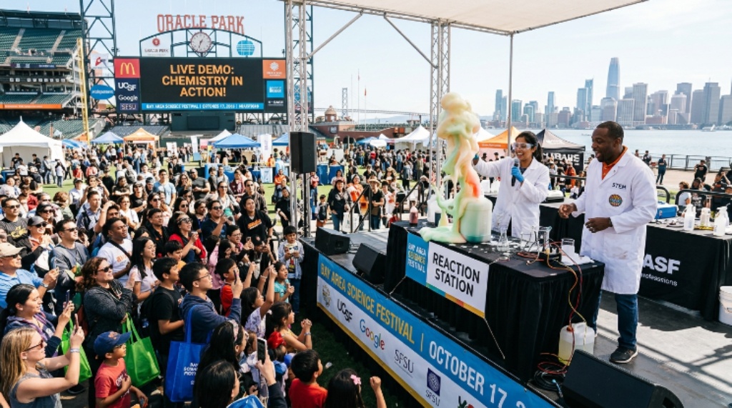 Scientists and STEM professionals presenting live demonstrations to a crowd at the Bay Area Science Festival on October 17 2026