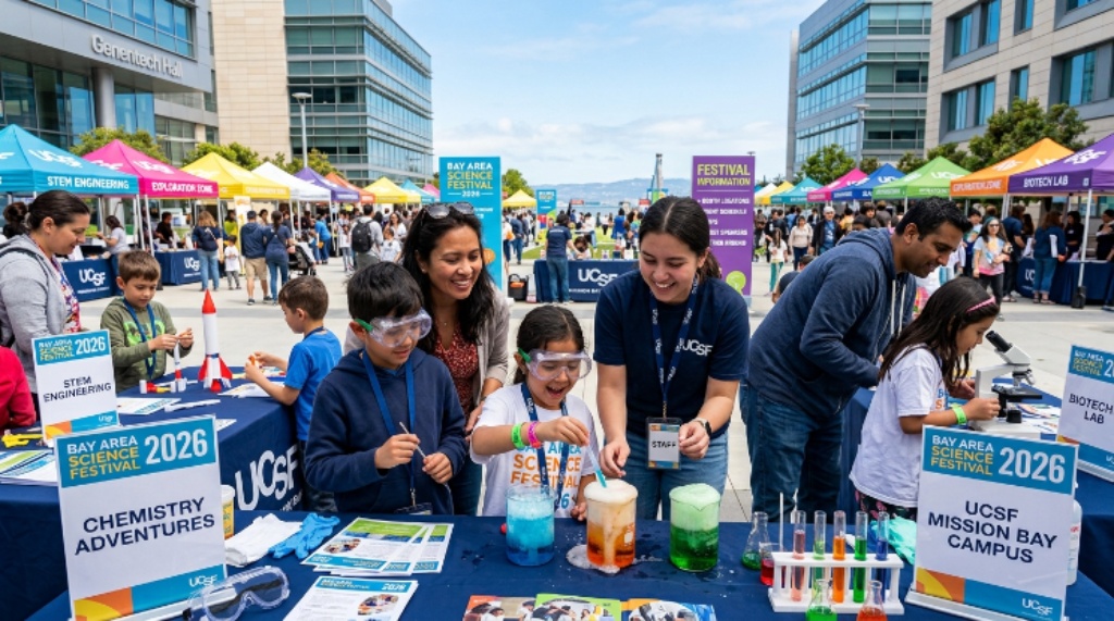 Families and children participating in hands-on science experiments at the Bay Area Science Festival 2026 at UCSF Mission Bay Campus