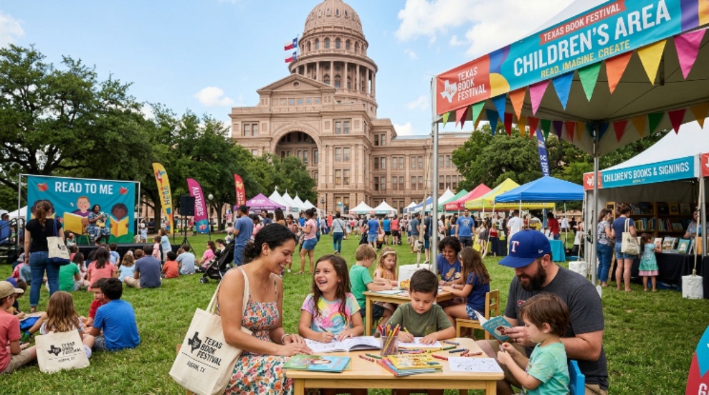 Families and children enjoying activities at the Texas Book Festival on the Texas State Capitol grounds