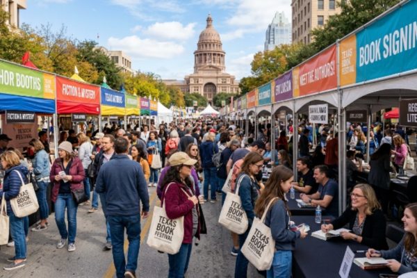Crowds of book lovers browsing author booths at the Texas Book Festival in downtown Austin