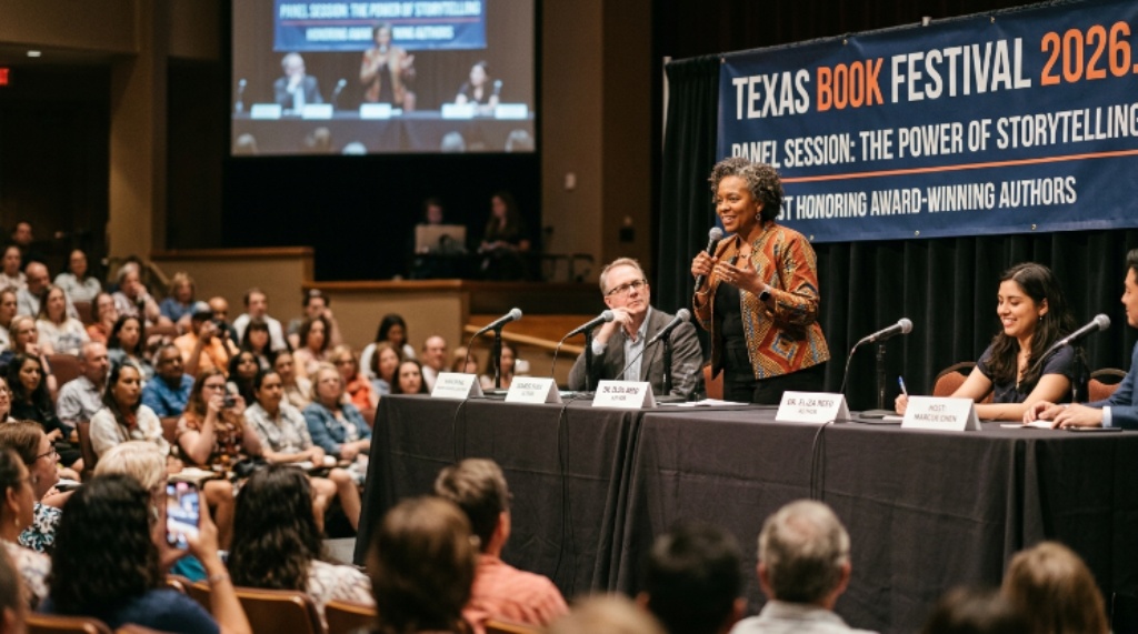 Award-winning author speaking on stage at the Texas Book Festival 2026 panel session