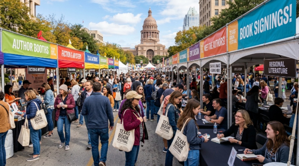 Crowds of book lovers browsing author booths at the Texas Book Festival in downtown Austin