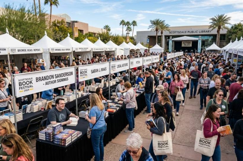 Crowds of book lovers browsing author tables at the Scottsdale Book Festival on a sunny January day