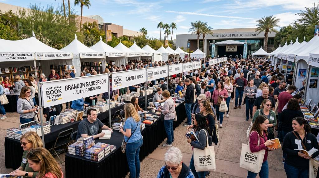 Crowds of book lovers browsing author tables at the Scottsdale Book Festival on a sunny January day