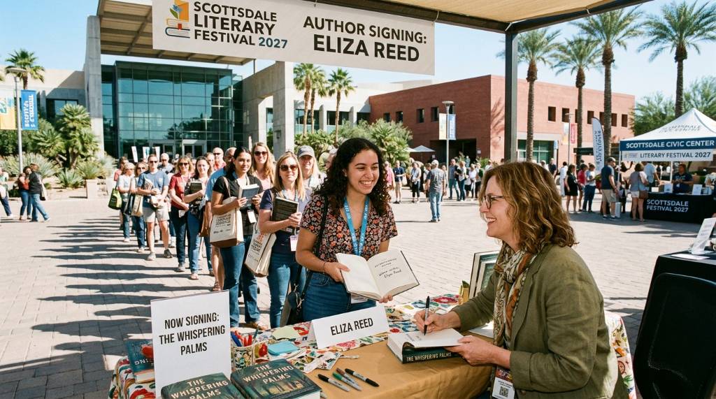 An author signing books for fans at the Scottsdale Civic Center during the 2027 literary festival