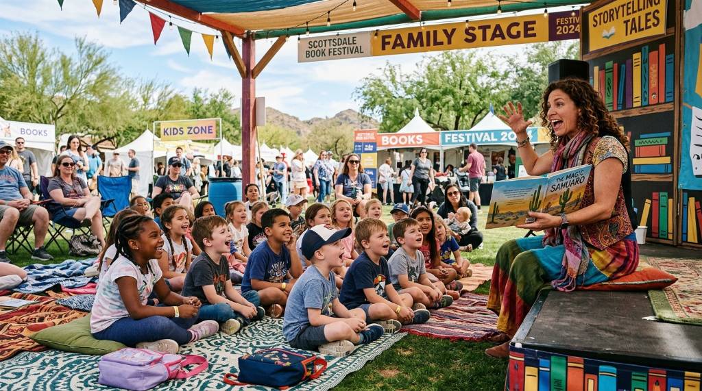 Children listening to a storyteller at the family-friendly Scottsdale Book Festival outdoor venue